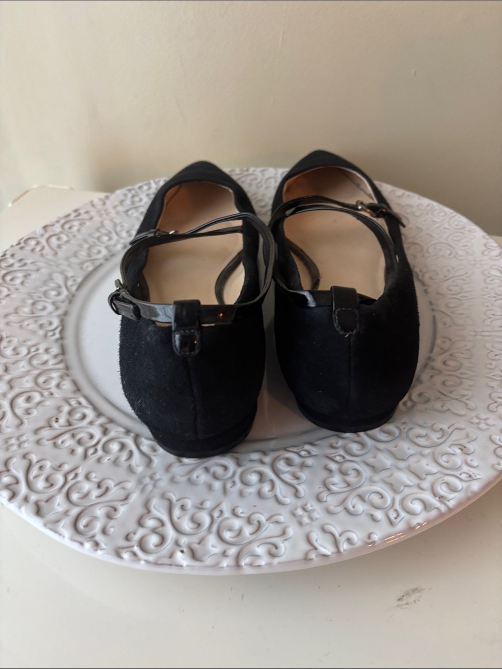 Nine West Black Suede Pointed Toe Ballet Flats with Patent Crisscross Straps - Picture 5 of 6